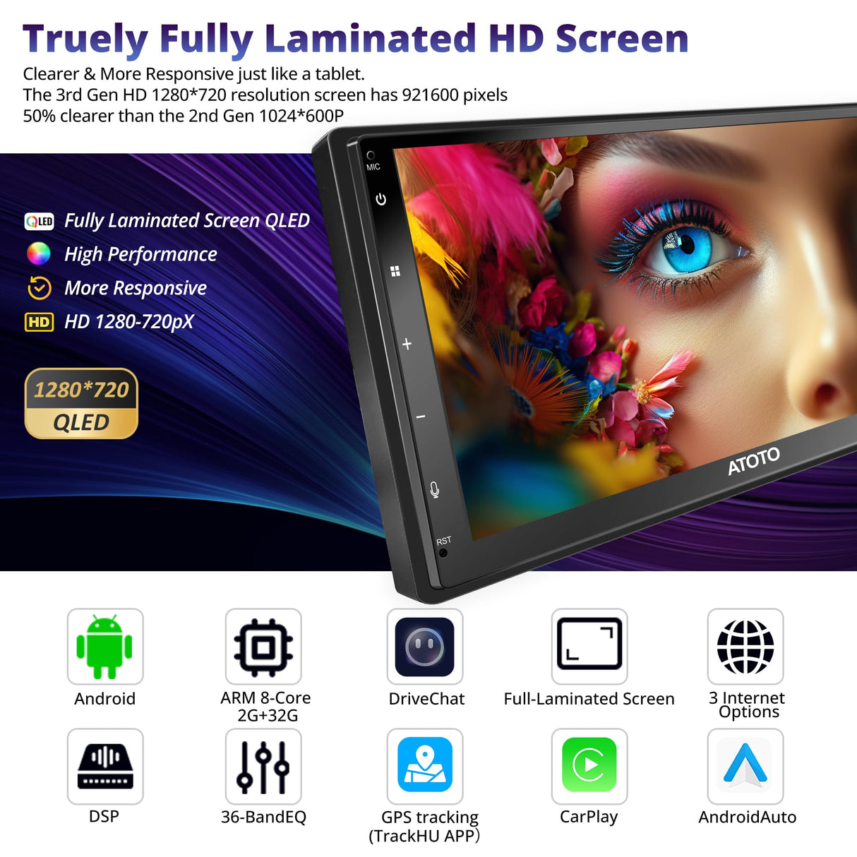 ATOTOEXCEL A6PF 7 inch Android Double DIN Car Stereo, Wireless CarPlay&Android Auto, 8 Core QLED Touchscreen DAB+ Radio 2G+32G, WiFi/BT/USB Tethering, 32-band EQ/DSP, Dual BT, AI Drivechat, LRV/GPS