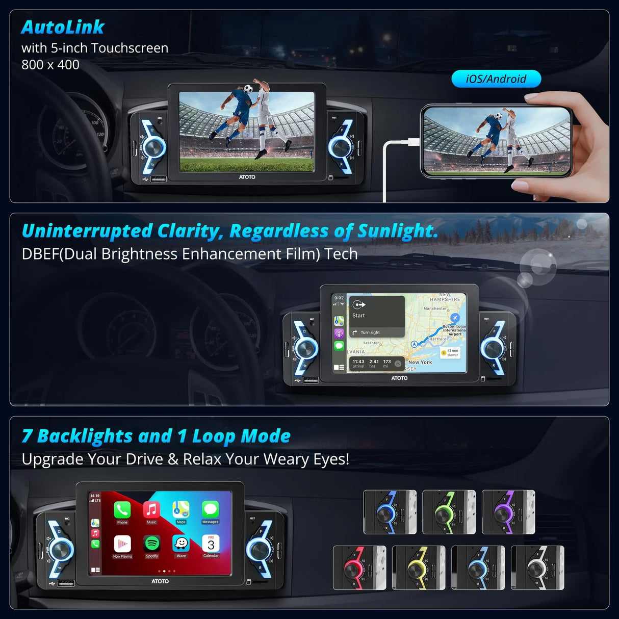 ATOTO F7G1A5WE 5" Single Din Car Stereo with Wireless CarPlay, Android Auto, Bluetooth, GPS Navigation, FM/AM Radio, WiFi, MirrorLink & Live Rear View