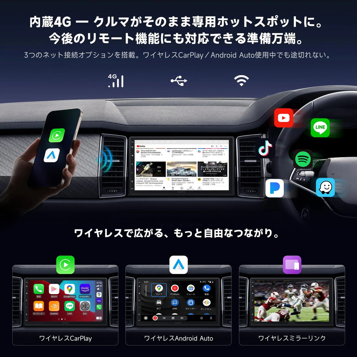 ATOTO A7G2B7PKL 7インチ Android13 2DIN ディスプレイオーディオ カーナビ ワイヤレスCarPlay&Android Auto 内蔵DSP 4G+64G Wi-Fi/Bluetooth/USBテザリング 6軸モーションセンサー