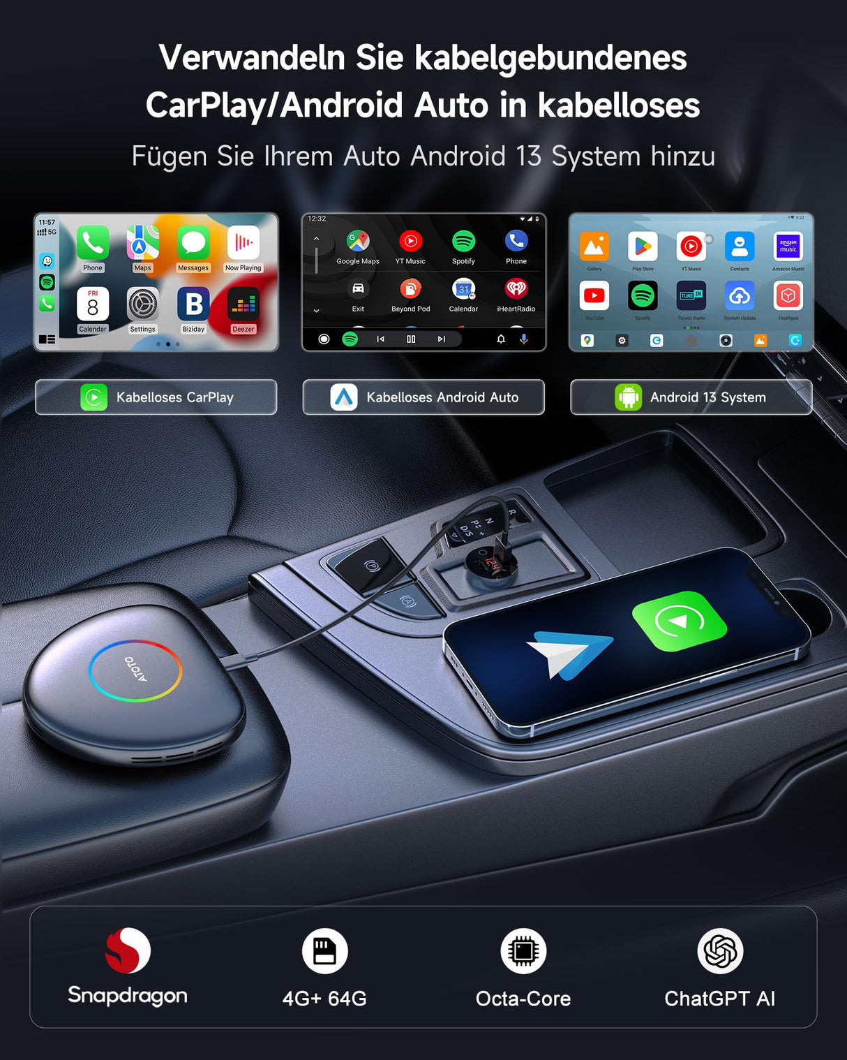 ATOTO CB6C Kabelloser CarPlay-Adapter Android 13 KI-Box, 4G LTE, 4 GB + 64 GB, TrackHU GPS & DriveChat KI, Dualband-WLAN, BT 5.0, Plug & Play-Smart-Box