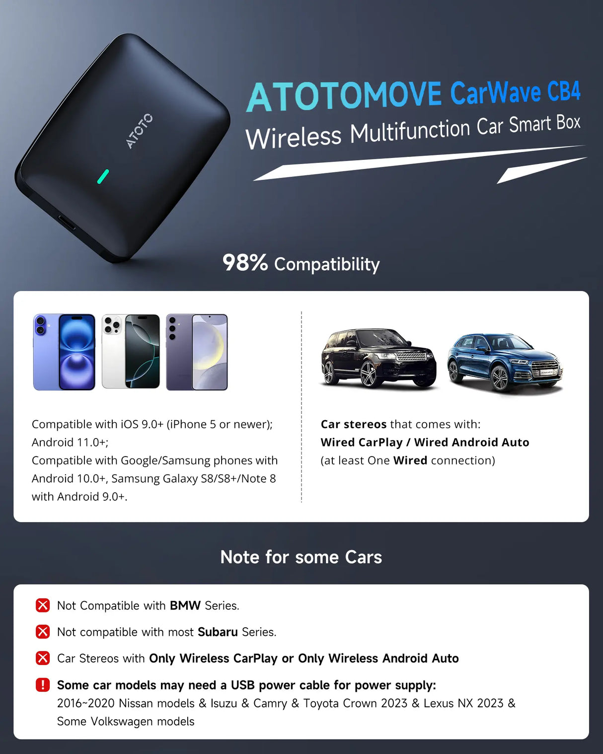 ATOTO CB4B-BK-S01 Adaptador CarPlay Inalámbrico, Caja CarPlay con Streaming de Video para iPhone y Android Auto, IA ChatGPT y Escáner OBD2, YouTube, Netflix, WiFi Dual, Actualizaciones OTA, Negro