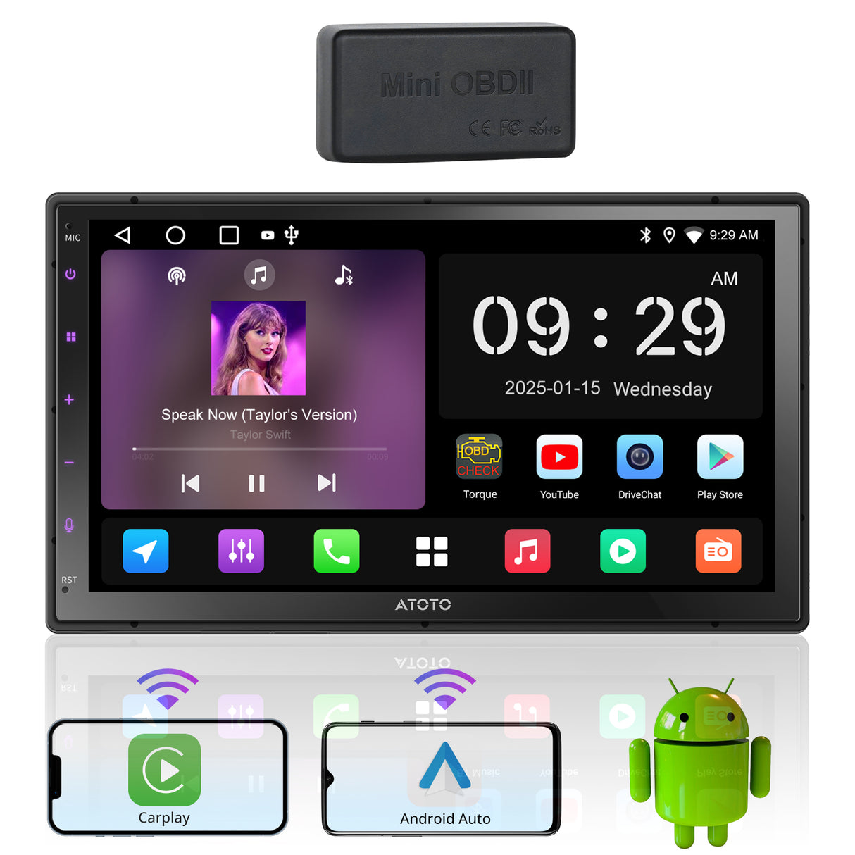 ATOTO Double DIN 7'' Car Stereo with OBD II, 7in Android Head Unit Wireless Apple Carplay Android Auto 24-B EQ DSP WiFi/BT/USB Tethering GPS Tracker 2G+32G(A5)