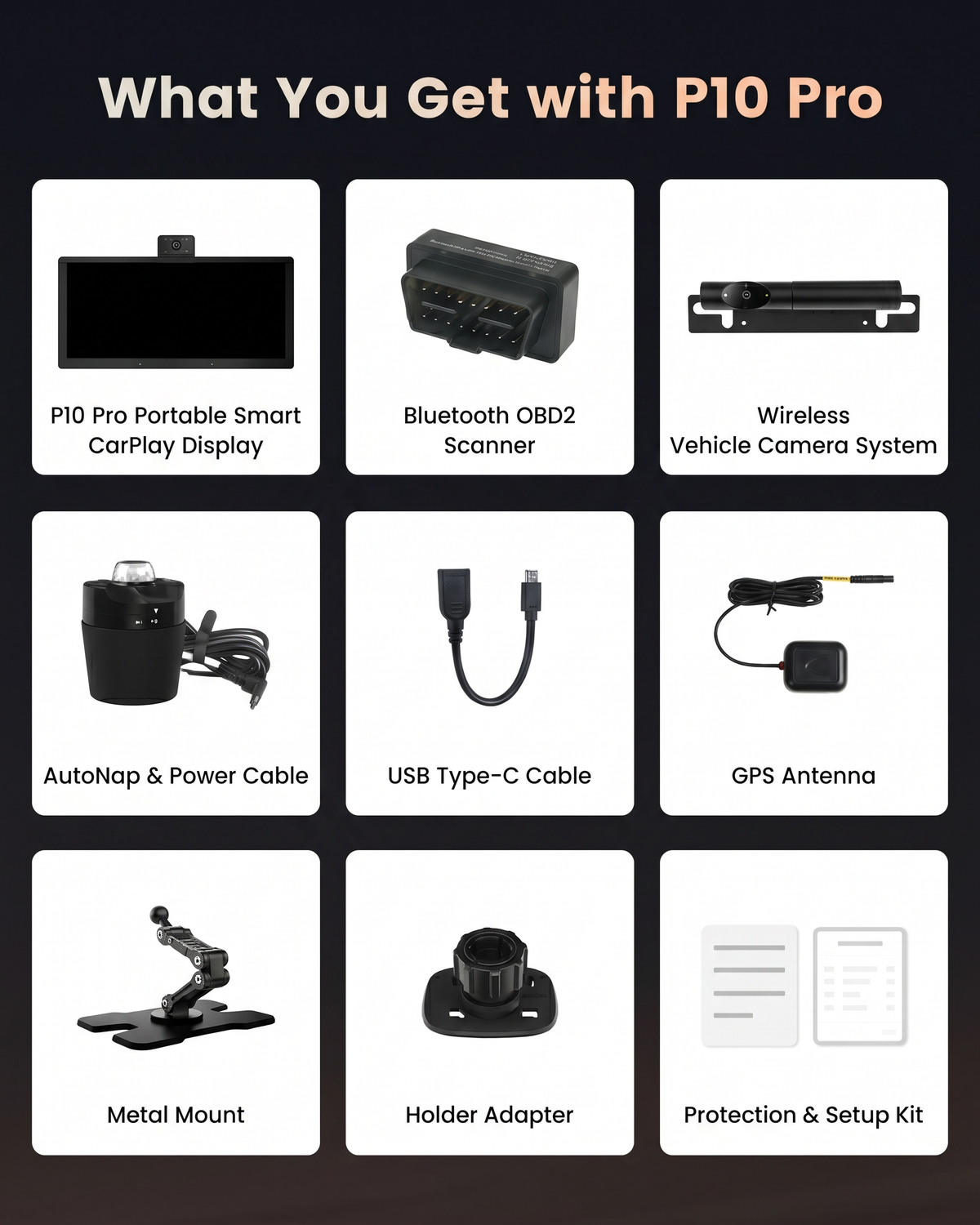 ATOTO P1025P2M 10.25" Portable CarPlay & Android Auto Display, 8GB+128GB, 4G LTE, Dual-Band Wi-Fi, Bluetooth, Car Charger, Cup Holder Mount, Bluetooth OBD2 & Wireless Rear View Camera Bundle P10 Pro