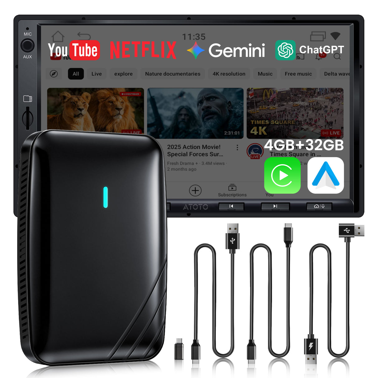 ATOTO CB4B Dongle WIFI – Dual Bluetooth, Tarjeta TF 128GB, 4G+32G, Netflix/YouTube, Adaptador CarPlay Inalámbrico, Android TV Box con AI DriveChat, Negro