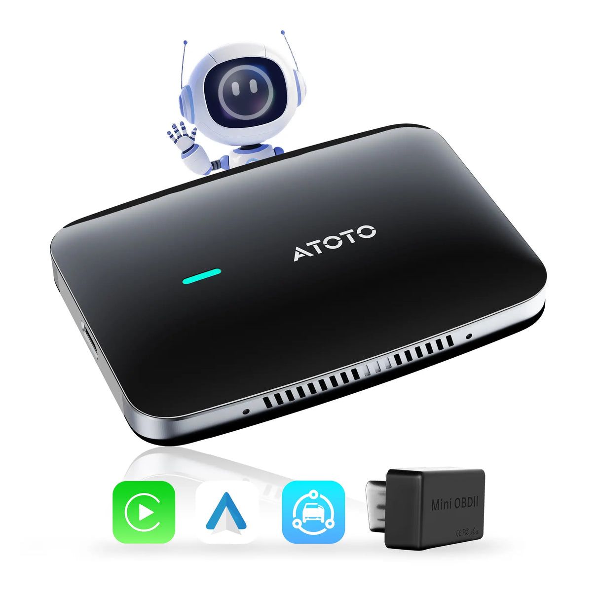 ATOTO CB4B-BK-S01 Adaptador CarPlay Inalámbrico, Caja CarPlay con Streaming de Video para iPhone y Android Auto, IA ChatGPT y Escáner OBD2, YouTube, Netflix, WiFi Dual, Actualizaciones OTA, Negro