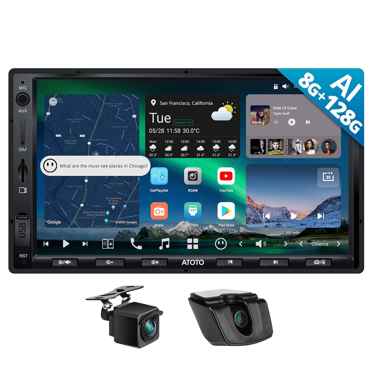 ATOTO Double DIN Car Stereo with Front & Rear Cameras, 7" Car Audio QLED Touchscreen CarPlay & Android Auto, 4G LTE & WiFi, GPS, 8GB + 128GB TF Card, Dual Bluetooth, DSP Audio Technology