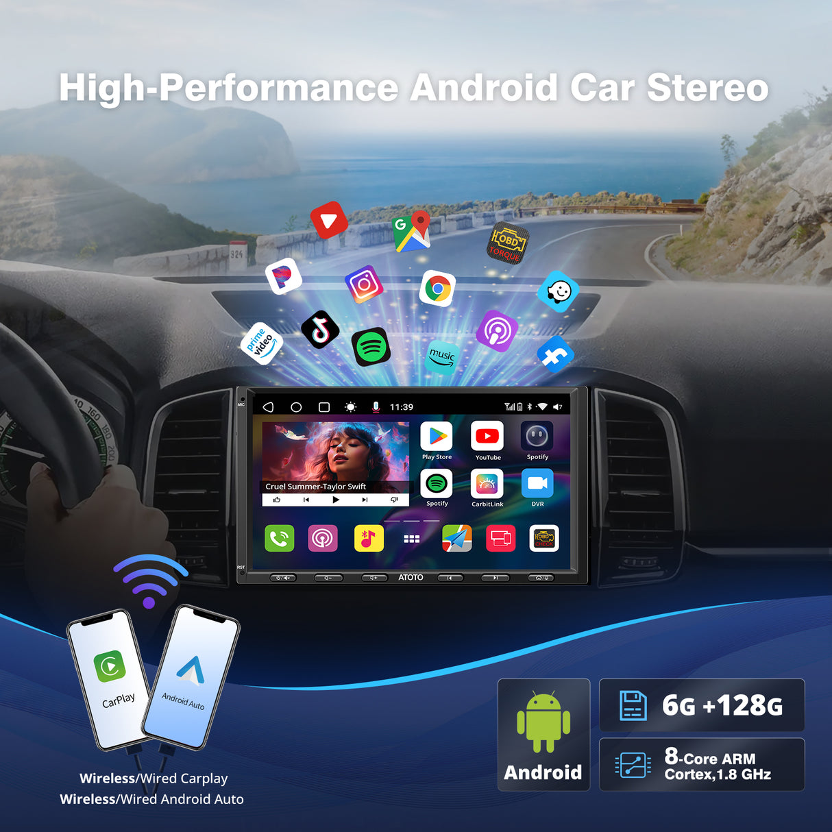 ATOTO S8G2A79UN 7" QLED Double Din Car Stereo with Wireless CarPlay & Android Auto, AI Voice Assistant, GPS Tracking, Built-in 4G LTE, LRV, 6G+128G, 4×49W Amplifier, Dual Bluetooth