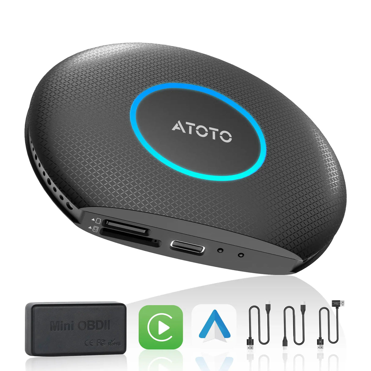 ATOTO CB6A-BK-S01 KI-Box für Wireless CarPlay mit Bluetooth-OBD2-Scanner, 2025, YouTube, Plug & Play, KI-Assistent, Dual-Bluetooth, GPS-Tracking, 4G LTE, 4 GB + 64 GB
