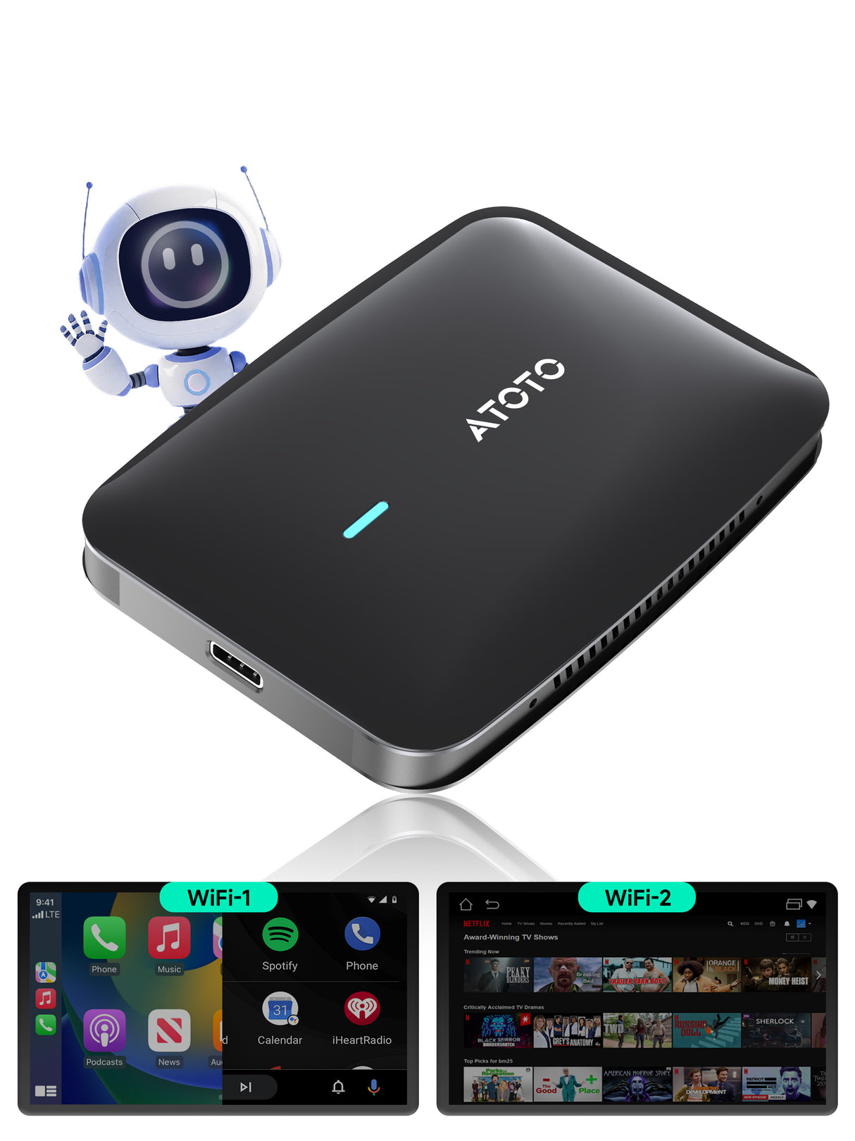 ATOTO CB4B Беспроводной адаптер CarPlay, Car Smart Box с двойным WiFi, двойным Bluetooth, AI DriveChat, 4ГБ+32ГБ – поддержка Netflix/YouTube/карты TF до 128 ГБ, Plug & Play, Android AI Box, обновление 2025, черный
