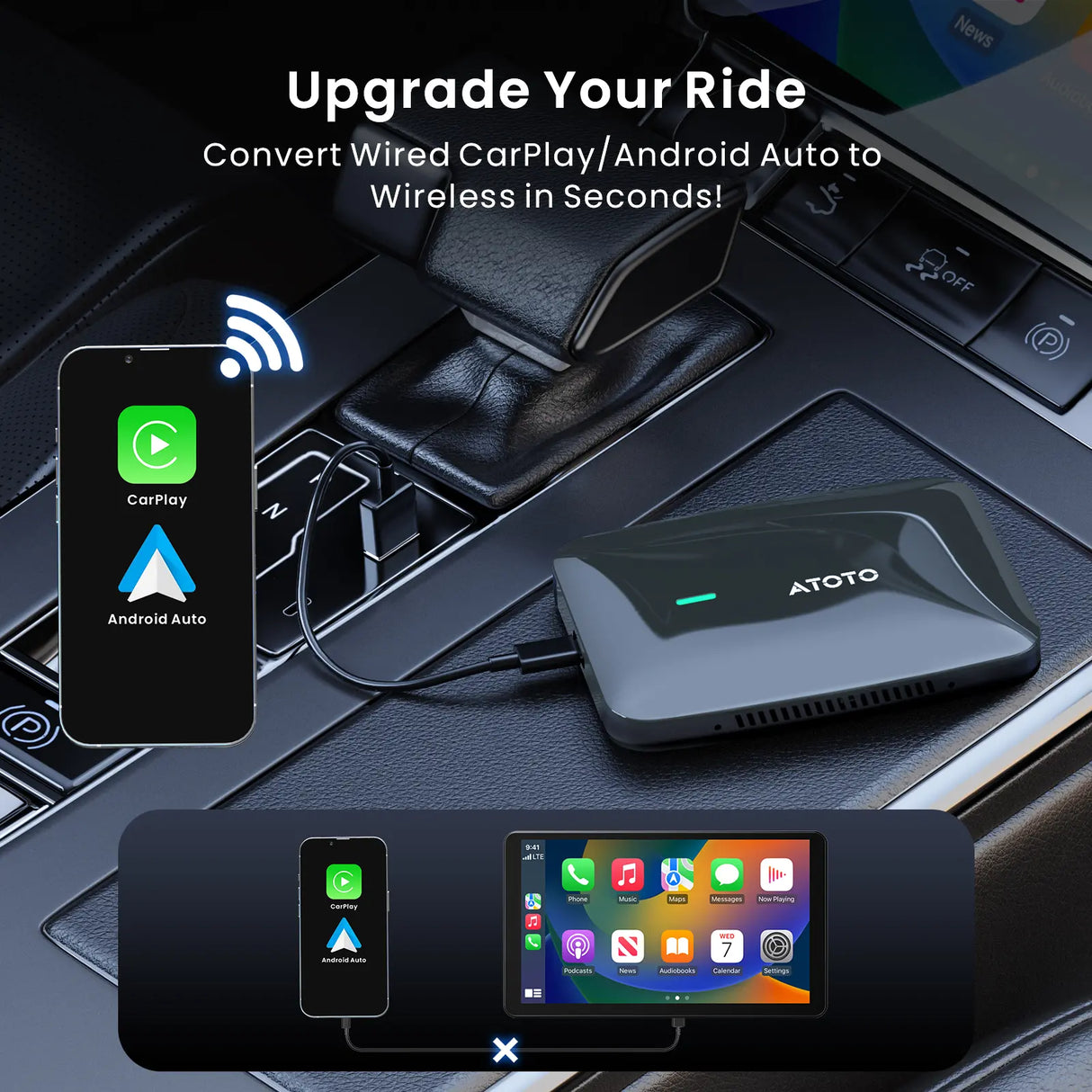 ATOTO CB4A-GY Wireless CarPlay & Android Auto Adapter – YouTube & Netflix Video Streaming