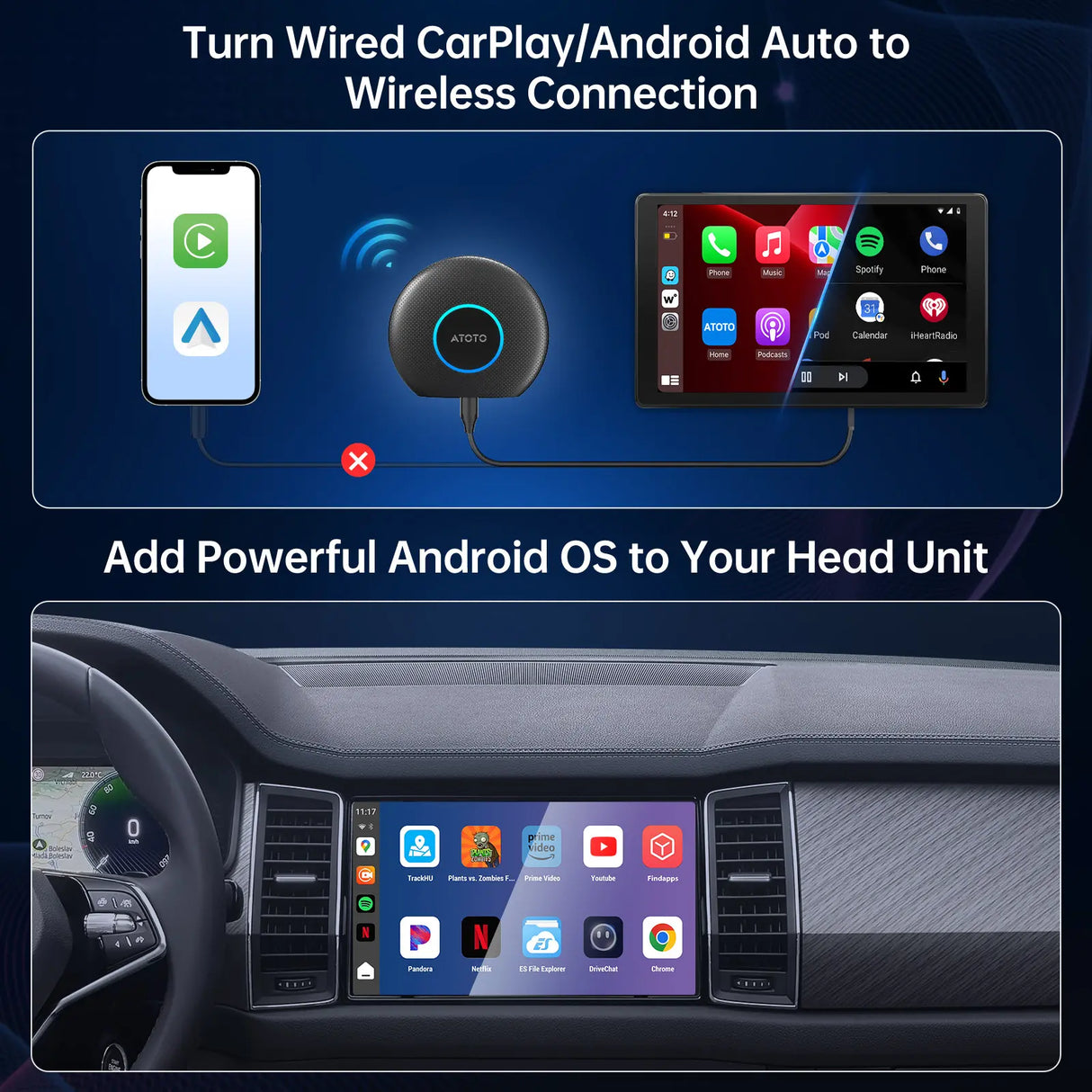 ATOTO CB6B-BK-S01 CarPlay AI Box with OBD2 – Wireless CarPlay & Android Auto, 4G LTE, DriveChat AI, 4GB+64GB