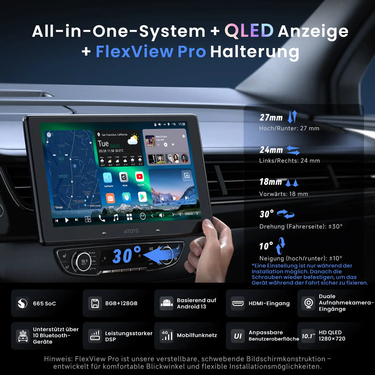 ATOTO X10 Android-Autoradio mit GPS, 10-Zoll-Display, 4G LTE, KI-Assistent sowie Front- und Rückfahrkamera