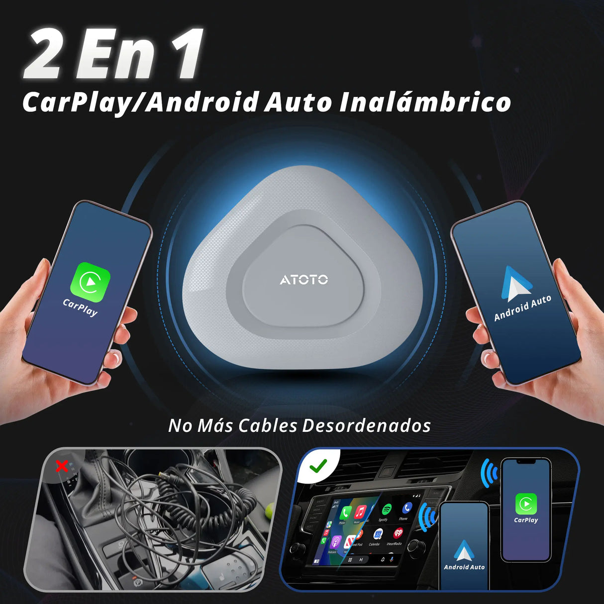 ATOTO AD3APL-GY Magic Box: CarPlay y Android Auto inalámbricos 2 en 1; convierte CarPlay con cable a inalámbrico; instalación sencilla (Plug & Play)