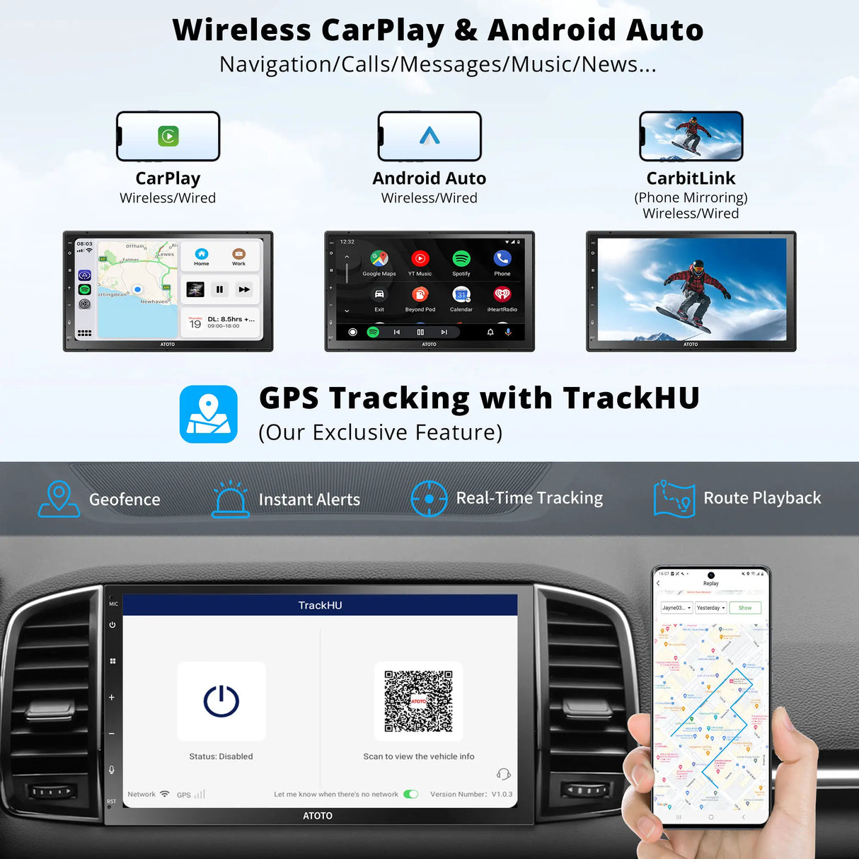 ATOTO S8G2C74MS 8-Core Android Double DIN Car Stereo, Built-in 4G LTE, 7 inch Wireless CarPlay& Android Auto, QLED Fully Laminated Touchscreen, WiFi/BT/USB Tethering, 4G+32G
