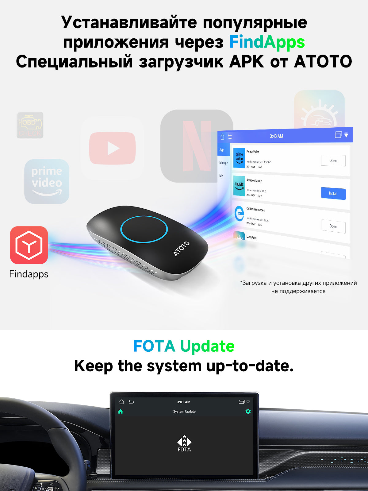 ATOTO CB4DT Беспроводной адаптер CarPlay, AI Box Android Auto, 5-в-1 видеобокс с YouTube, HDMI-выходом, двойным Bluetooth/Wi-Fi, 4ГБ+32ГБ (до 256ГБ), DriveChat, Plug & Play, стабильное низколатентное подключение