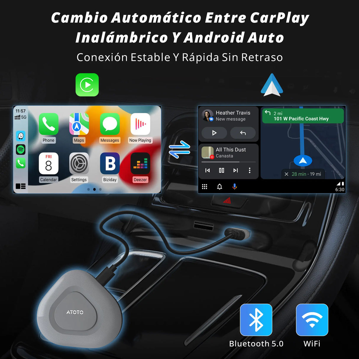ATOTO AD3APL-GY Magic Box: CarPlay y Android Auto inalámbricos 2 en 1; convierte CarPlay con cable a inalámbrico; instalación sencilla (Plug & Play)