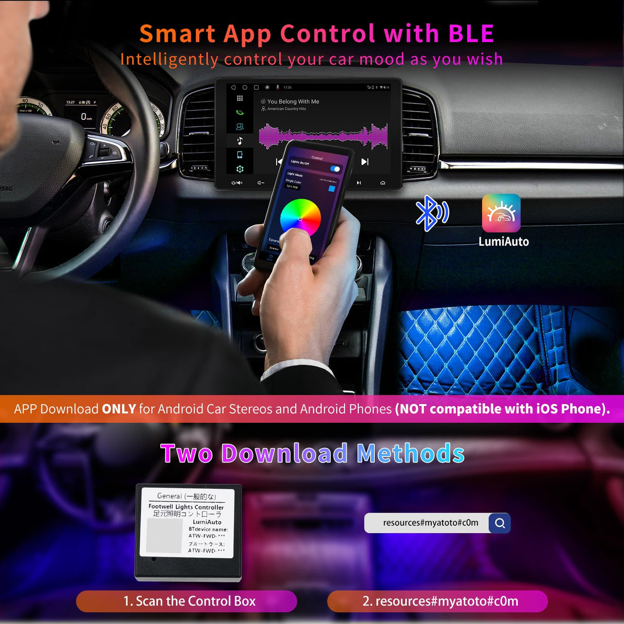ATOTO CI-FLT01 Smart Car LED Lights - App Controlled RGB Interior Lighting, 160 LEDs, 16M Colors, 21 Music Modes, Front/Rear Independent Control
