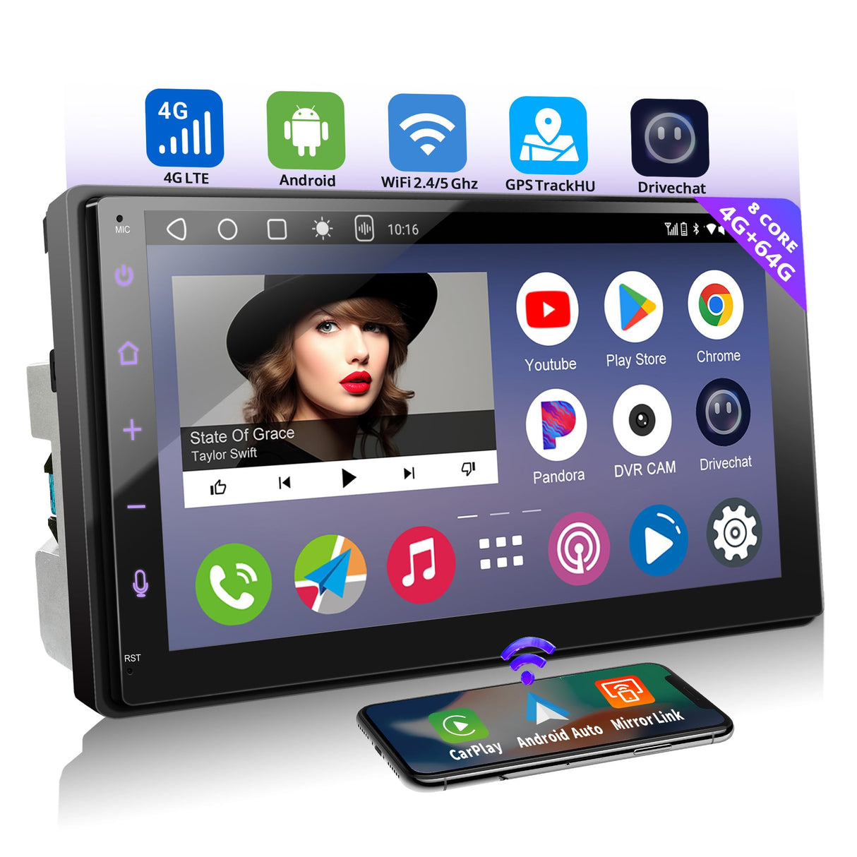 [ 4G LTE] Autoradio 2 Din Android - 4G+64G Autoradio Android 8Core, RevcarX DAB+ Radio, 7 Pollici QLED Touchscreen CarPlay Senza Fili & Android Auto, 36EQ DSP, Tethering WiFi/BT/USB (LTE 4+64G)