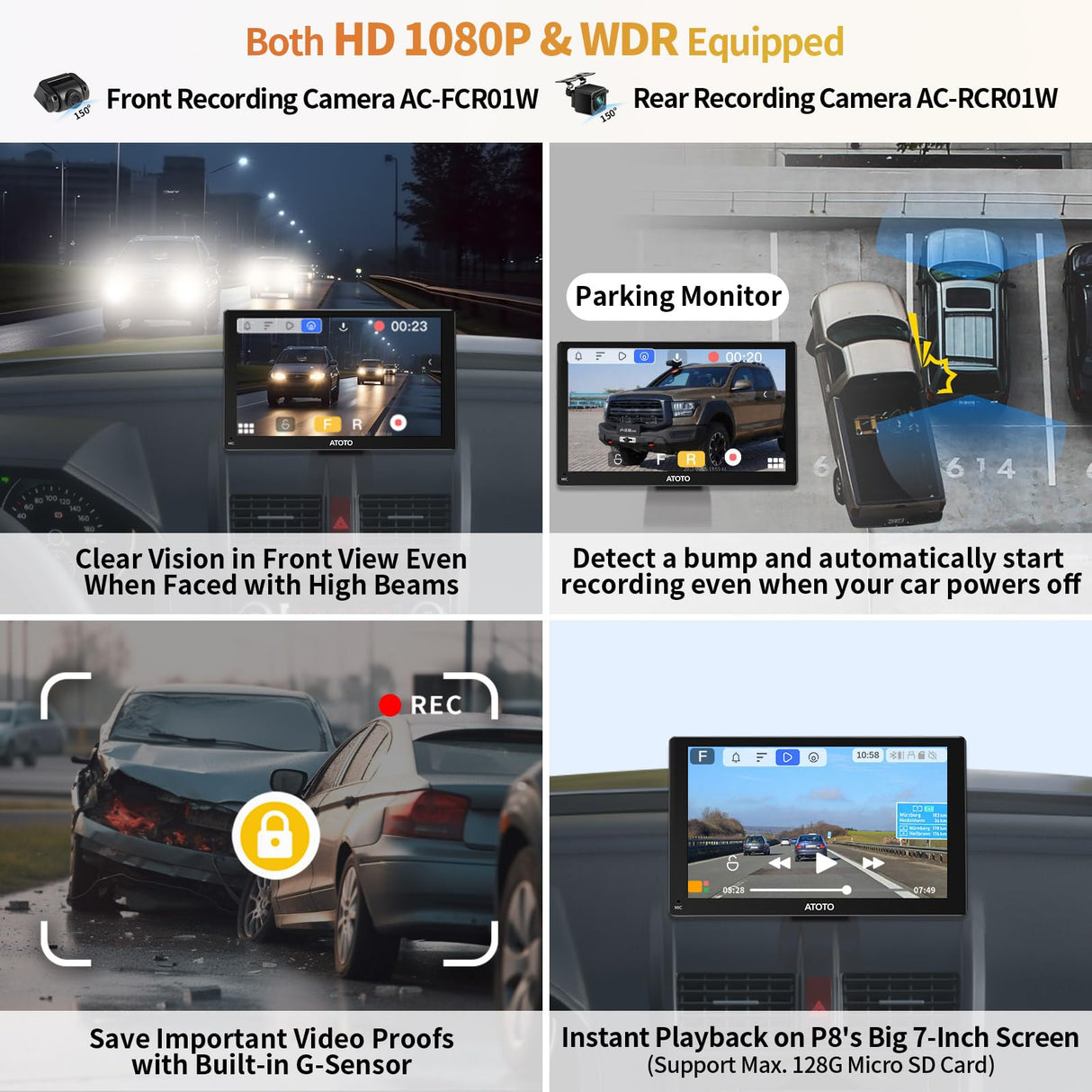 ATOTO P807PR Carplay Android Auto Senza fili, 7 pollici QLED Touchscreen Schermo per Auto con Telecamere Doppie di Registrazione in Full HD, Telecomando, Luminosità Adattiva con WDR