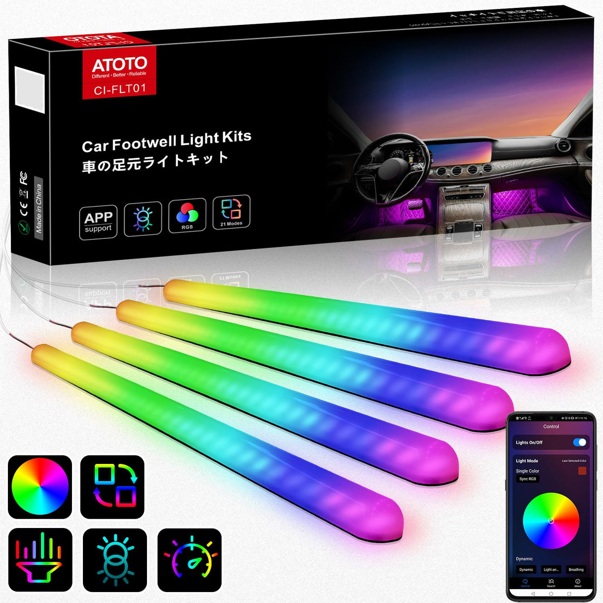 ATOTO CI-FLT01 Smart Car LED Lights - App Controlled RGB Interior Lighting, 160 LEDs, 16M Colors, 21 Music Modes, Front/Rear Independent Control