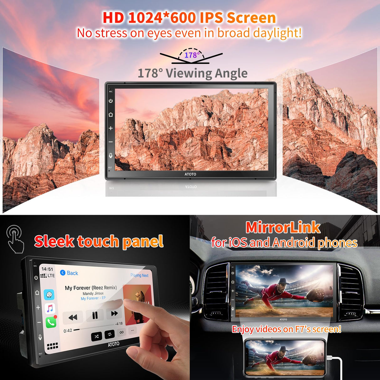 ATOTO F7WE Double DIN Car Stereo Receivers, Wireless CarPlay & Android Auto 7 inch IPS Touch Screen, Car Radio with Bluetooth 5.3, Mirrorlink, GPS Navi, Voice Control, USB Video & Audio