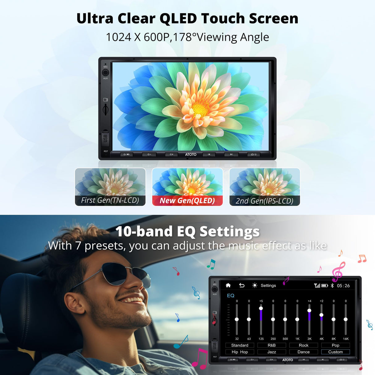 ATOTOEXCEL Radio Coche 2 DIN, 7 Pulgadas Dab+ Autoradio, CarPlay inalámbrico, Android Auto inalámbrico, Radio Bluetooth Coche con QLED Pantalla táctil, Carga Rápida, RDS/FM/Am, MirrorLink, F7G2A7-XED