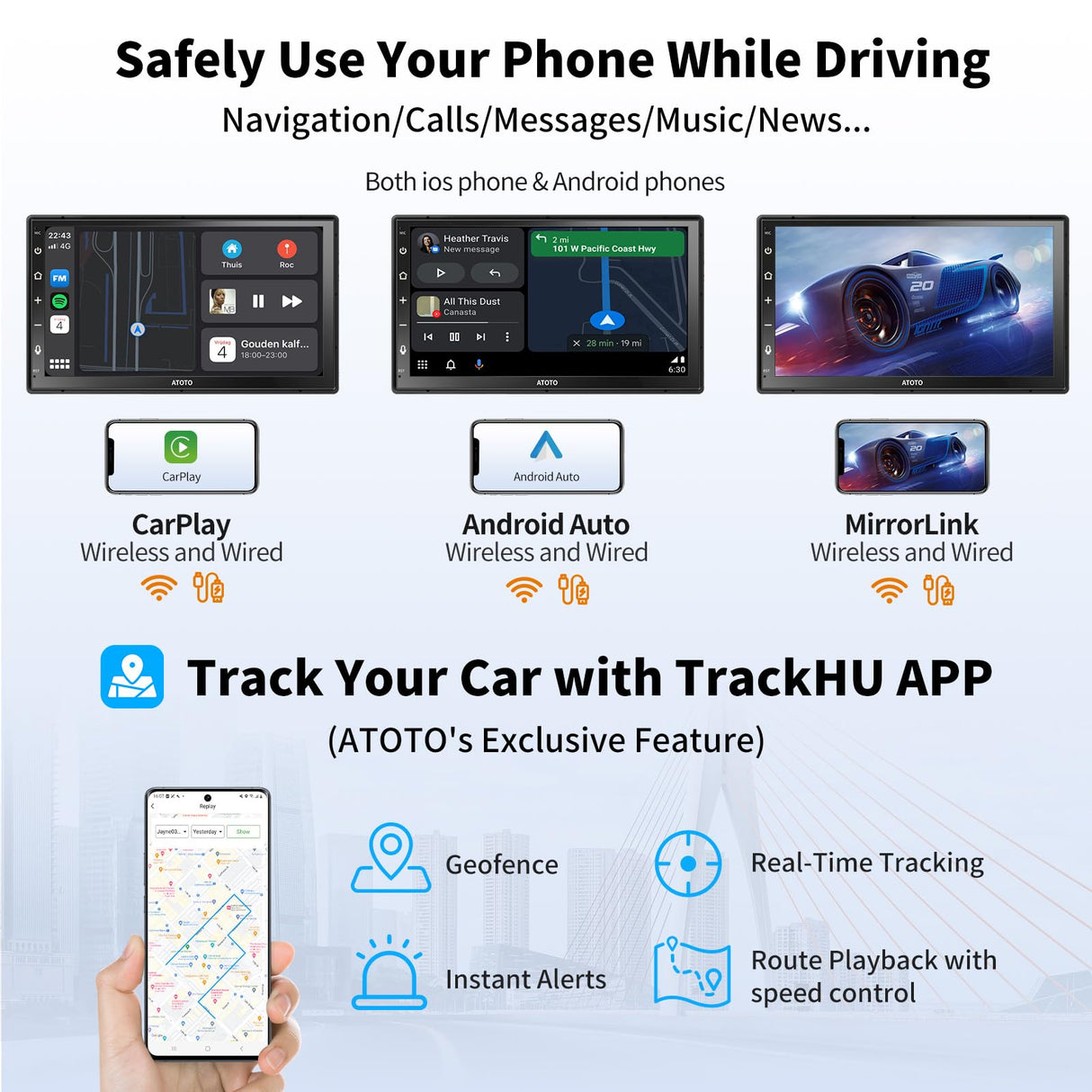 ATOTO A6G2B7PF 7" Android Double DIN Car Stereo, Wireless CarPlay & Android Auto in-Dash Navigation, 2 Bluetooth, MirrorLink, DSP/FM, 4G LTE WiFi/BT/USB Tethering, 8-Core 2G+32GG