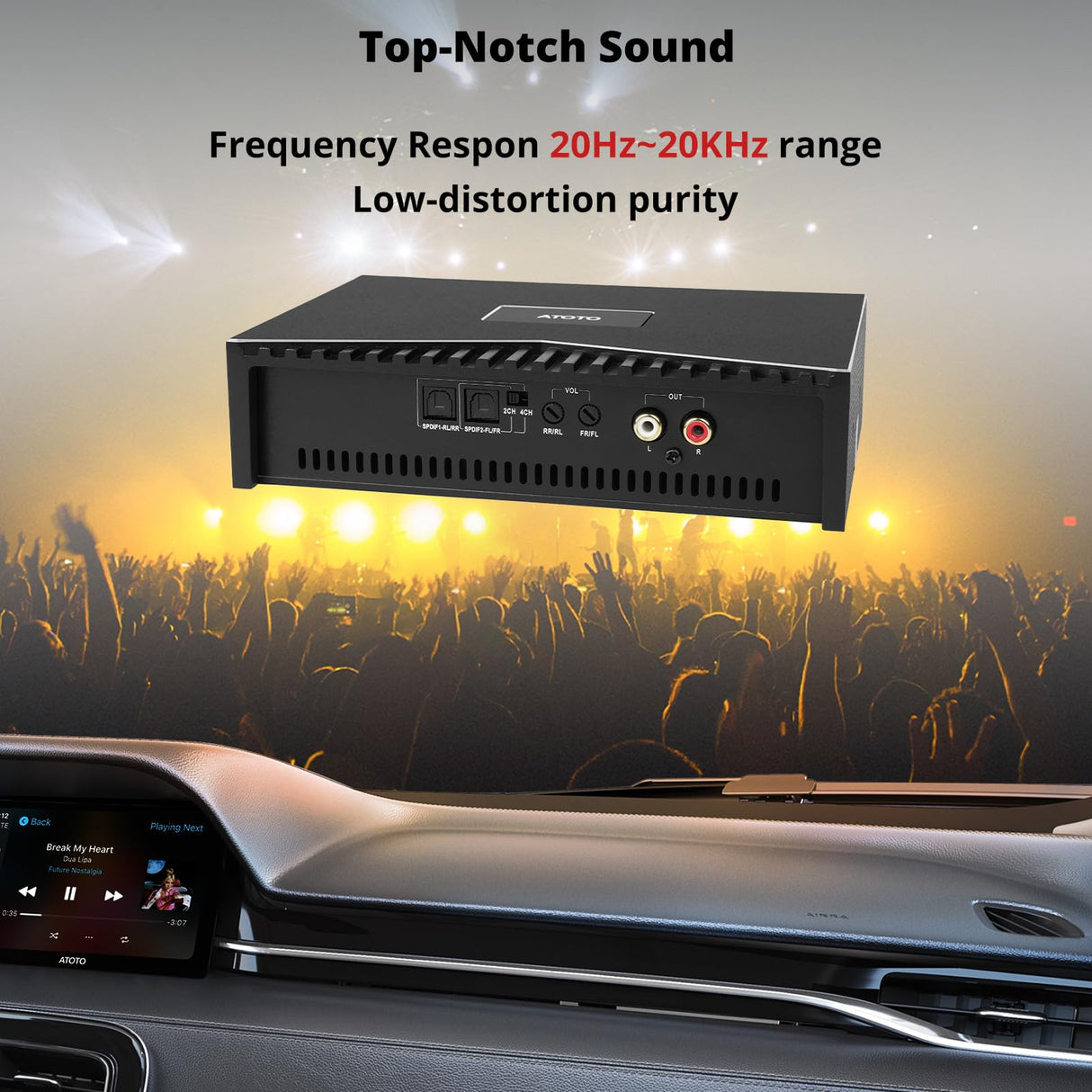 ATOTO CA-AEC03 Amplificatore Digitale Compatto per Auto Classe D、Dual SPDIF、4 Canali、RMS 4x55W、Gamma Completa、Stabilità 4-8Ohm、per ATOTO A5、A6、F7、S8、X10 e Sistemi Audio di Serie (S8PN ごとではない、 P5、P8、P9)