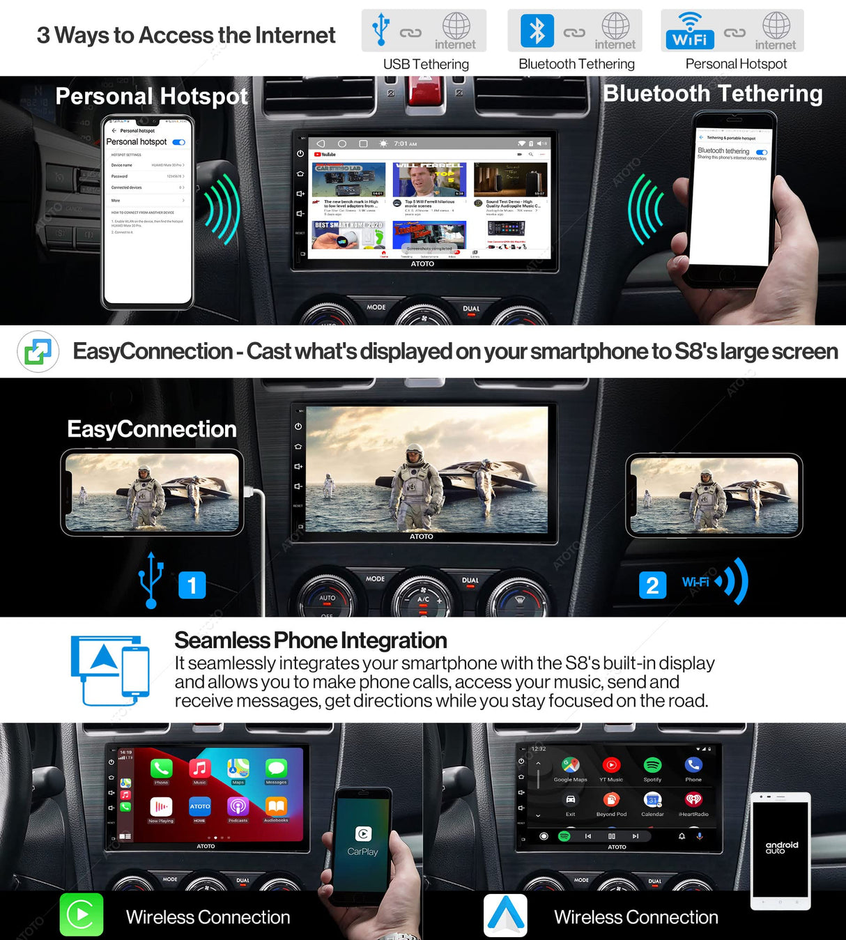 ATOTO S8G2B74PM 7" Android Car Stereo with Wireless CarPlay, Android Auto, Dual Bluetooth, QLED Display, HD Rearview