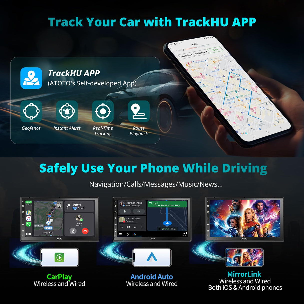[4G LTE WiFi] 【RevcarX 】 A6 7" 8 Core 4G+64G Android Autoradio Doppel-Din-Radio, Kabelloses CarPlay und Android Auto, QLED-Touchscreen, 2 Bluetooth, MirrorLink, GPS/FM/RDS/DSP, A6G2B7PL