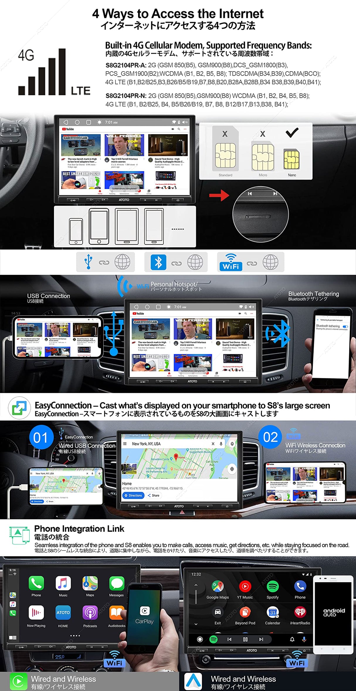 ATOTO S8 Pro 10" Double DIN Android Car Stereo Receiver with Wireless CarPlay & Android Auto, Dual BT w/aptX HD, Split Screen Display, USB Tethering, VSV&LRV, and Built-in 4G Cellular Modem