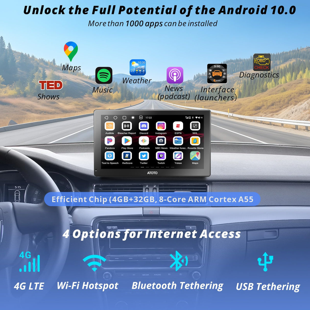 ATOTO 4G+32G Android Car Stereo Portable Carplay Android Auto Car Screen, 9 Inch QLED Touchscreen Car Radio with GPS Navigation, 4G LTE, Dual BT, SWC, External Microphone, P909PR