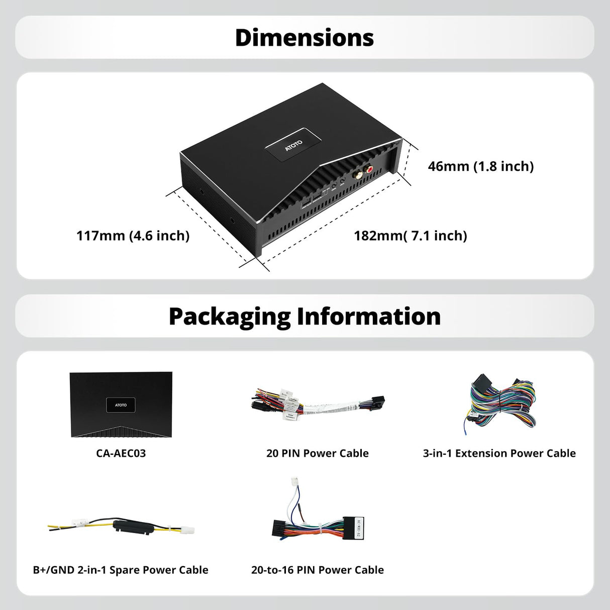 ATOTO CA-AEC03 Amplificatore Digitale Compatto per Auto Classe D、Dual SPDIF、4 Canali、RMS 4x55W、Gamma Completa、Stabilità 4-8Ohm、per ATOTO A5、A6、F7、S8、X10 e Sistemi Audio di Serie (S8PN ごとではない、 P5、P8、P9)