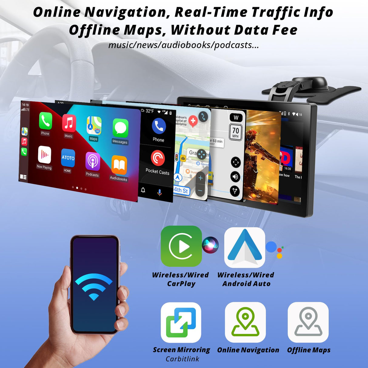 ATOTO 4G+32G Android Car Stereo Portable Carplay Android Auto Car Screen, 9 Inch QLED Touchscreen Car Radio with GPS Navigation, 4G LTE, Dual BT, SWC, External Microphone, P909PR