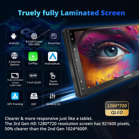[Fully Laminated Screen] ATOTO A6G2C7PF 7" Android Double DIN Car Stereo, 8-Core, Wireless Carplay & Android Auto, GPS, LRV, WiFi/BT