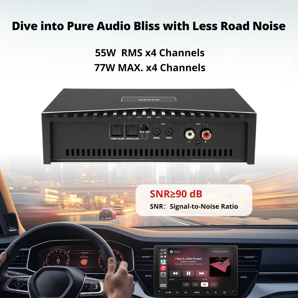 ATOTO CA-AEC03 Amplificatore Digitale Compatto per Auto Classe D、Dual SPDIF、4 Canali、RMS 4x55W、Gamma Completa、Stabilità 4-8Ohm、per ATOTO A5、A6、F7、S8、X10 e Sistemi Audio di Serie (S8PN ごとではない、 P5、P8、P9)
