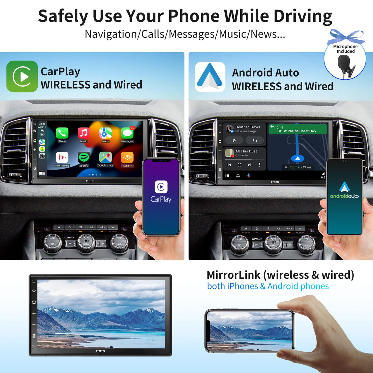 ATOTO A6G2B7PF 7" QLED Double Din Car Stereo, Touchscreen, Wireless CarPlay and Android Auto, Dual Bluetooth, GPS Tracking, MirrorLink, WiFi/BT/USB Tethering, 2G+32G