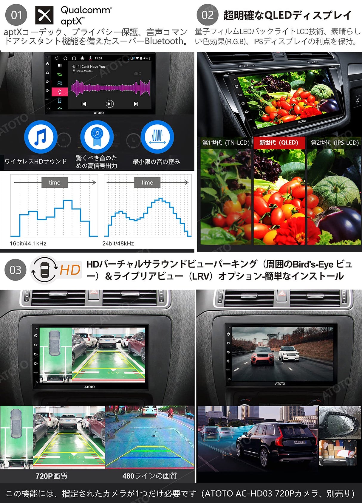 ATOTO S8 Premium 7インチAndroidカーオーディオ/ステレオレシーバー、ワイヤレスCarPlay＆Android Auto、強力なSoc、aptX HDを備えたデュアルBluetooth、QLEDディスプレイ、分割画面、LRV付きHDリアビュー、3GB + 32GB、SCVCなど、S8G2B74PM