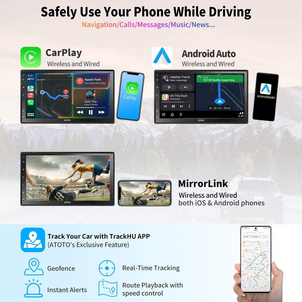 ATOTO A6G2C7PP 7" Double DIN Android Car Stereo, Touchscreen, Wireless CarPlay & Wireless Android Auto, Dual Bluetooth, MirrorLink, GPS Tracking, WiFi/BT/USB Tethering, 4G+64G
