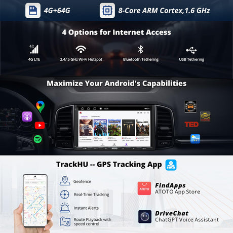 ATOTO A6G2A7PL 7" Android Double DIN Car Stereo, QLED Touchscreen, Wireless CarPlay & Android Auto, GPS, Dual Bluetooth, WiFi/BT/USB Tethering, 4G+64G