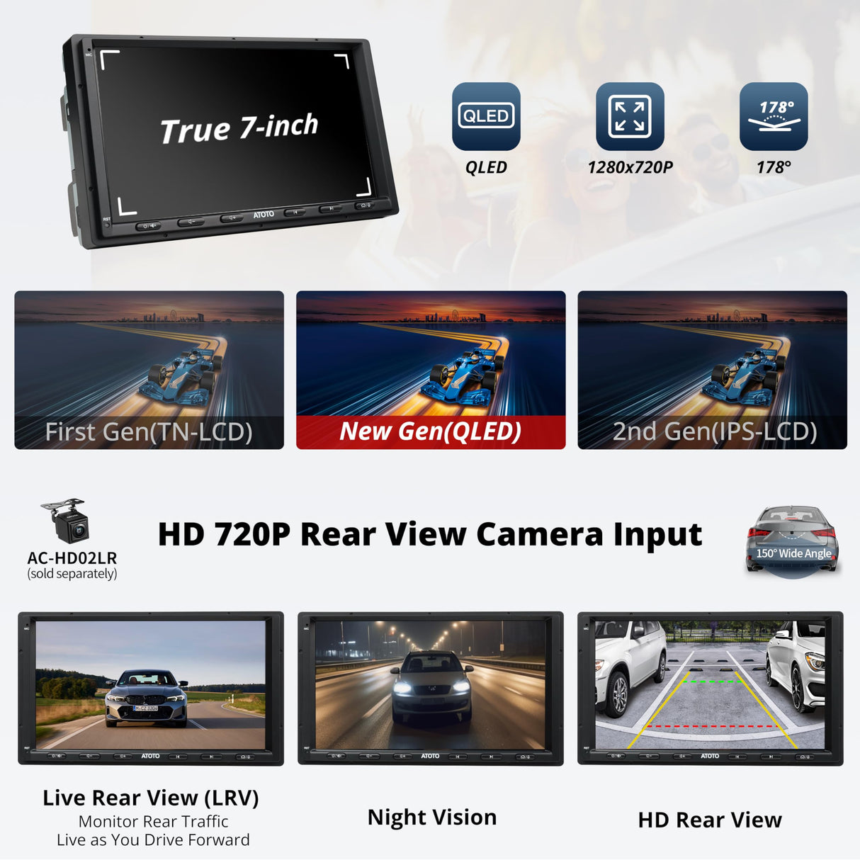 ATOTO A6G2A7PL 7" Android Double DIN Car Stereo, QLED Touchscreen, Wireless CarPlay & Android Auto, GPS, Dual Bluetooth, WiFi/BT/USB Tethering, 4G+64G