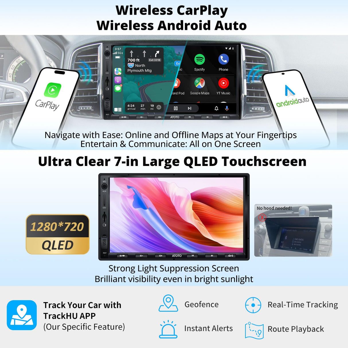 ATOTOZONE 7" AI Android Double Din Car Stereo, 8G+128G Audio Head Unit Navigation, 4G LTE, Wireless Carplay & Android Auto, Dual Phone Connection& BT, 36B-EQ, HDMI Input,with Backup Cam, X10G2A7E-R2