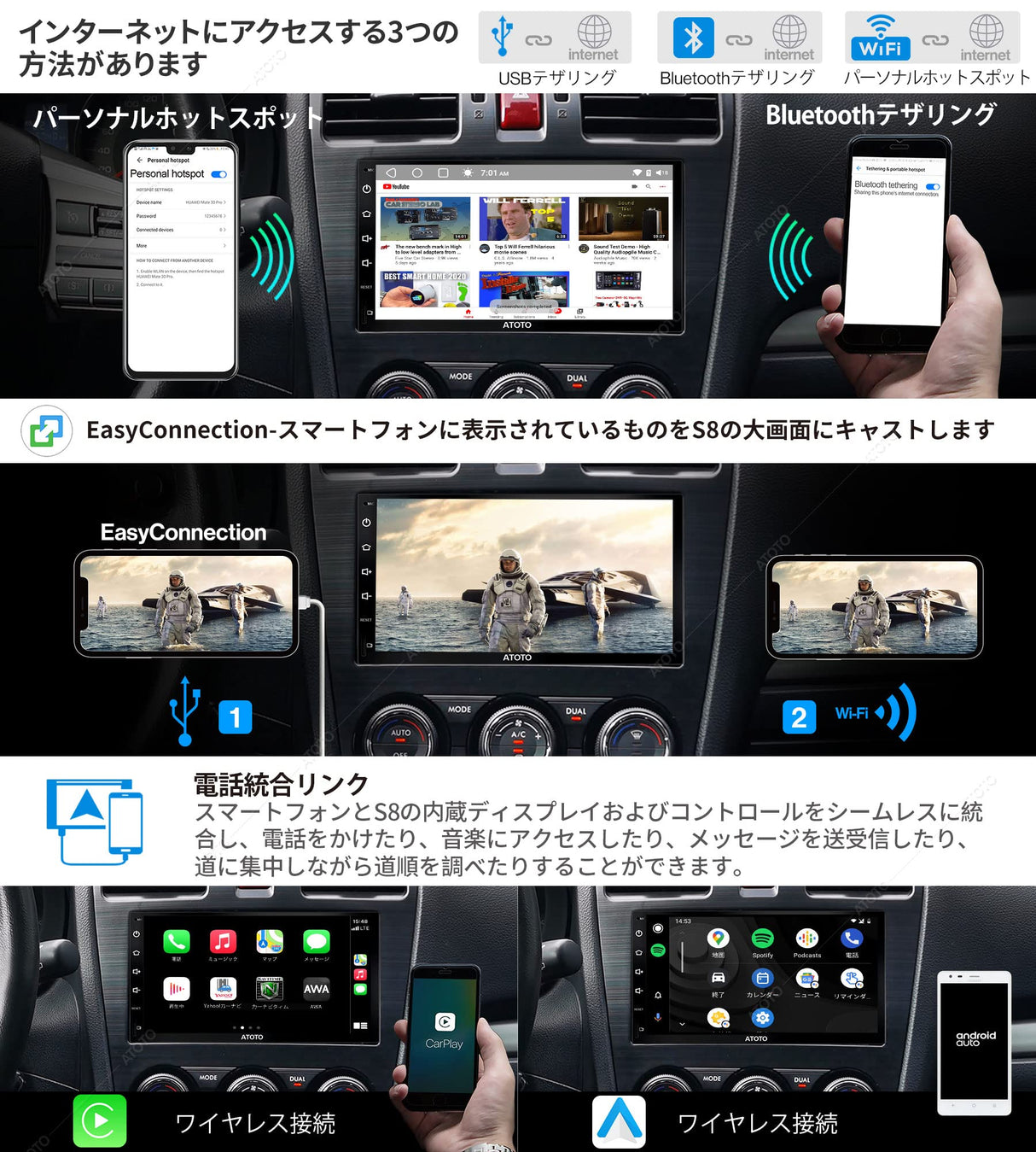 ATOTO S8 Premium 7インチAndroidカーオーディオ/ステレオレシーバー、ワイヤレスCarPlay＆Android Auto、強力なSoc、aptX HDを備えたデュアルBluetooth、QLEDディスプレイ、分割画面、LRV付きHDリアビュー、3GB + 32GB、SCVCなど、S8G2B74PM