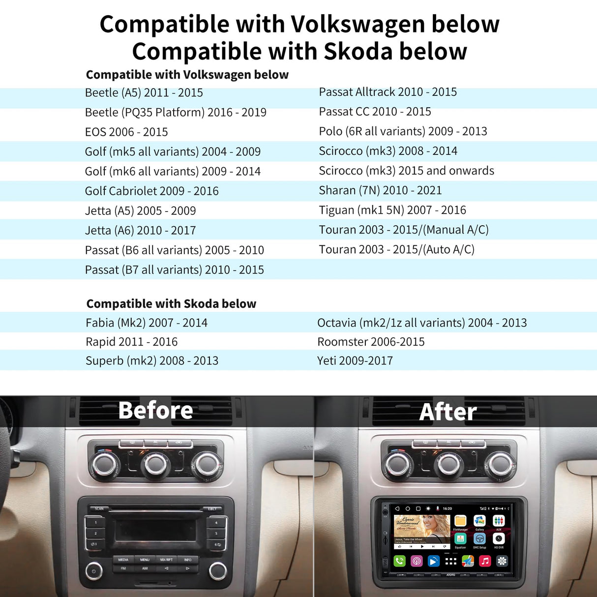 ATOTO S8VW07A4MS 7" Double DIN Android Car Stereo,Car Radio Compatible with VW Volkswagen Jetta/Tiguan/Golf/Passat,GPS Tracking, Built-in 4G, Dual BT, 4+32G