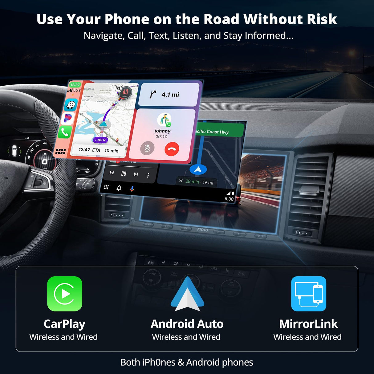 ATOTO A6G2A7PL 7" Android Double DIN Car Stereo, QLED Touchscreen, Wireless CarPlay & Android Auto, GPS, Dual Bluetooth, WiFi/BT/USB Tethering, 4G+64G