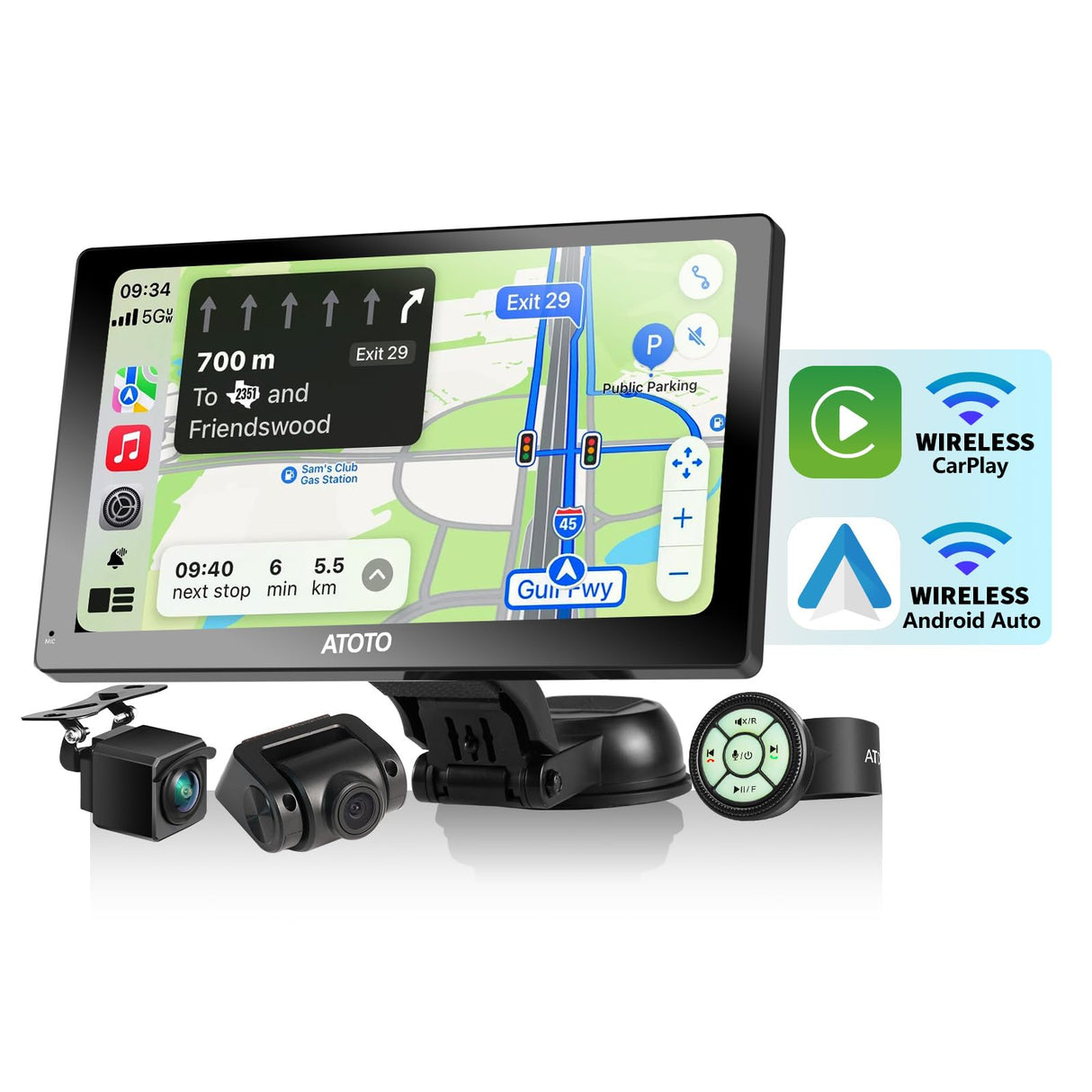 ATOTO P807PR Carplay Android Auto Senza fili, 7 pollici QLED Touchscreen Schermo per Auto con Telecamere Doppie di Registrazione in Full HD, Telecomando, Luminosità Adattiva con WDR