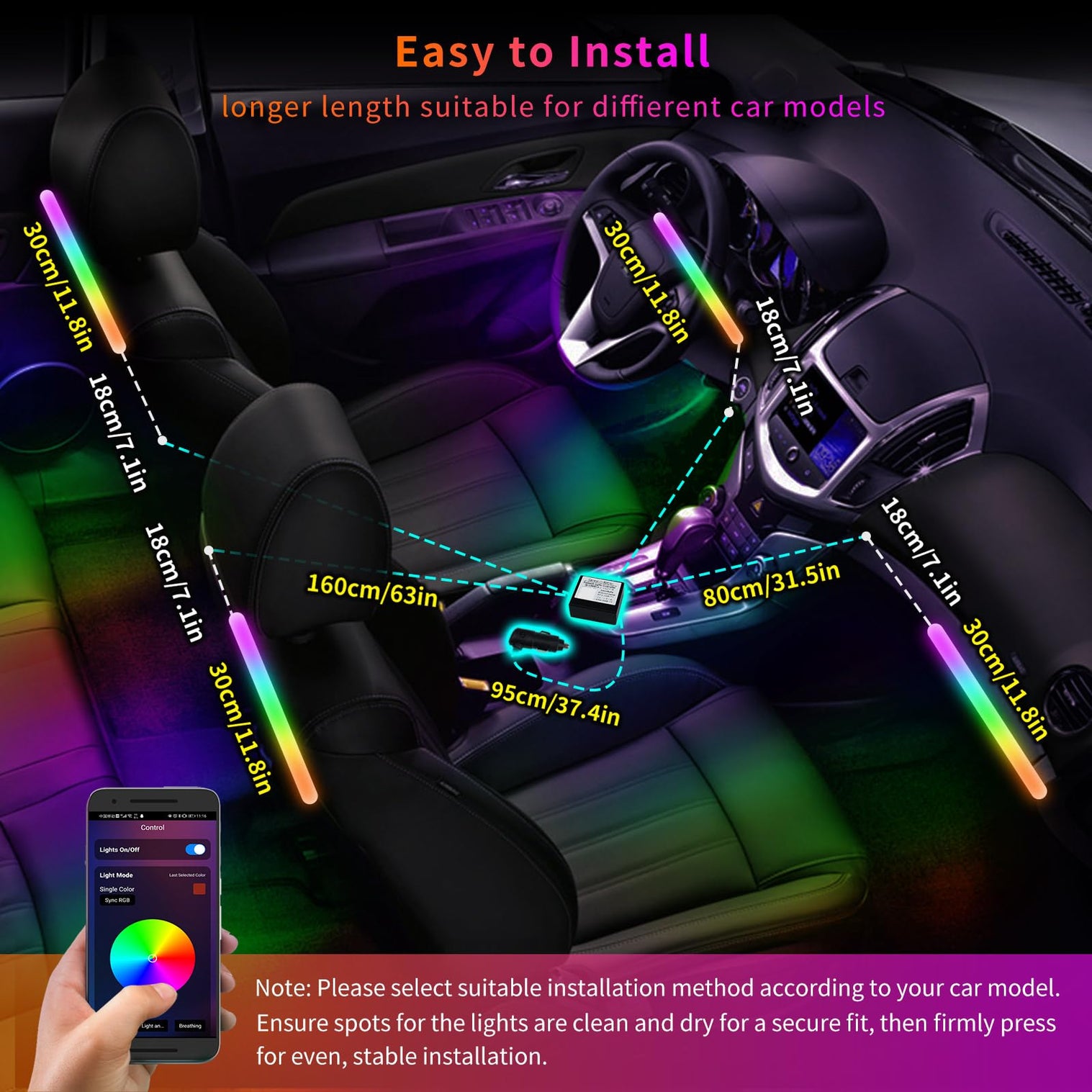 Car LED Lights – 160 RGB LEDs, App-Controlled, Music Sync | CI-FLT01 ...