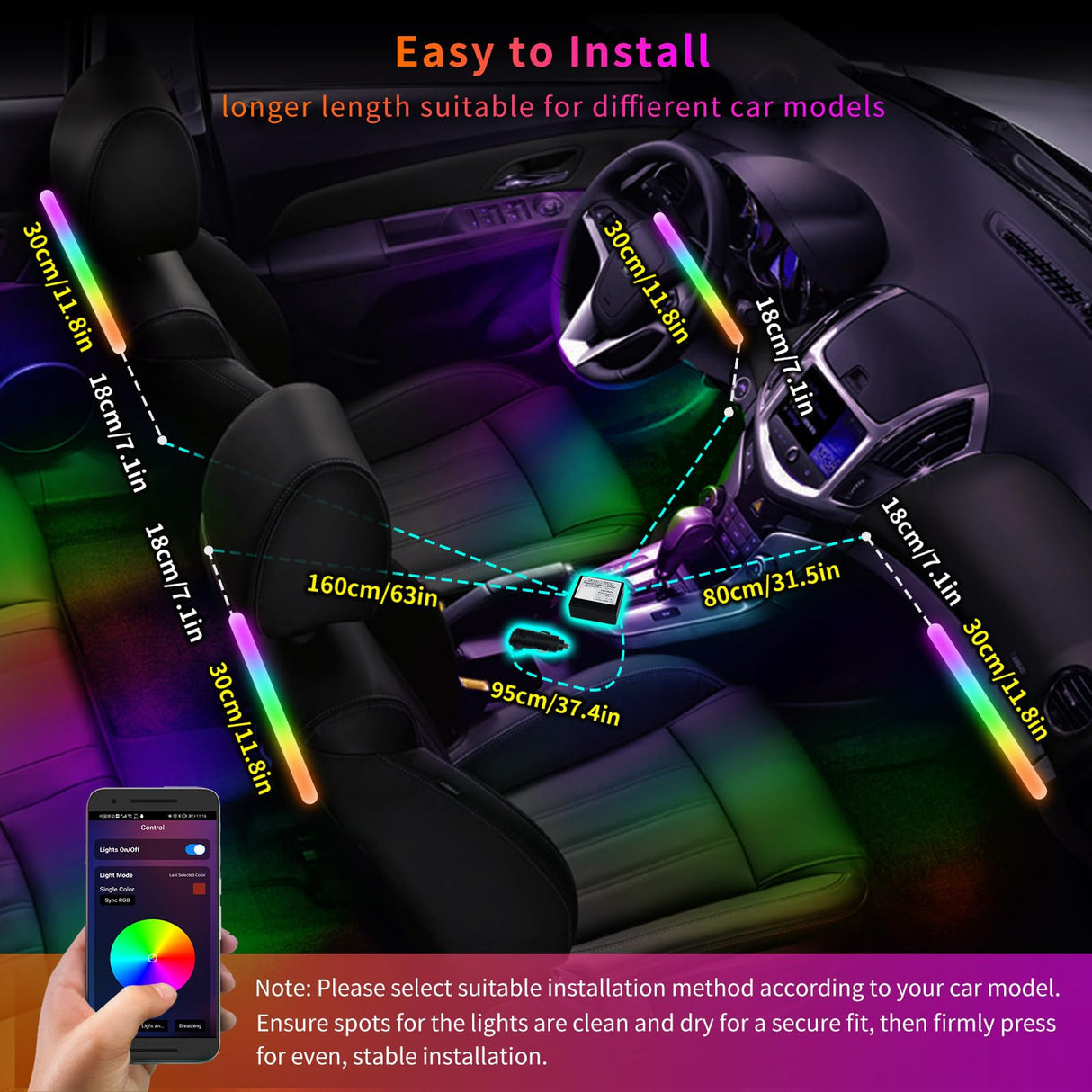 ATOTO CI-FLT01 Smart Car LED Lights - App Controlled RGB Interior Lighting, 160 LEDs, 16M Colors, 21 Music Modes, Front/Rear Independent Control