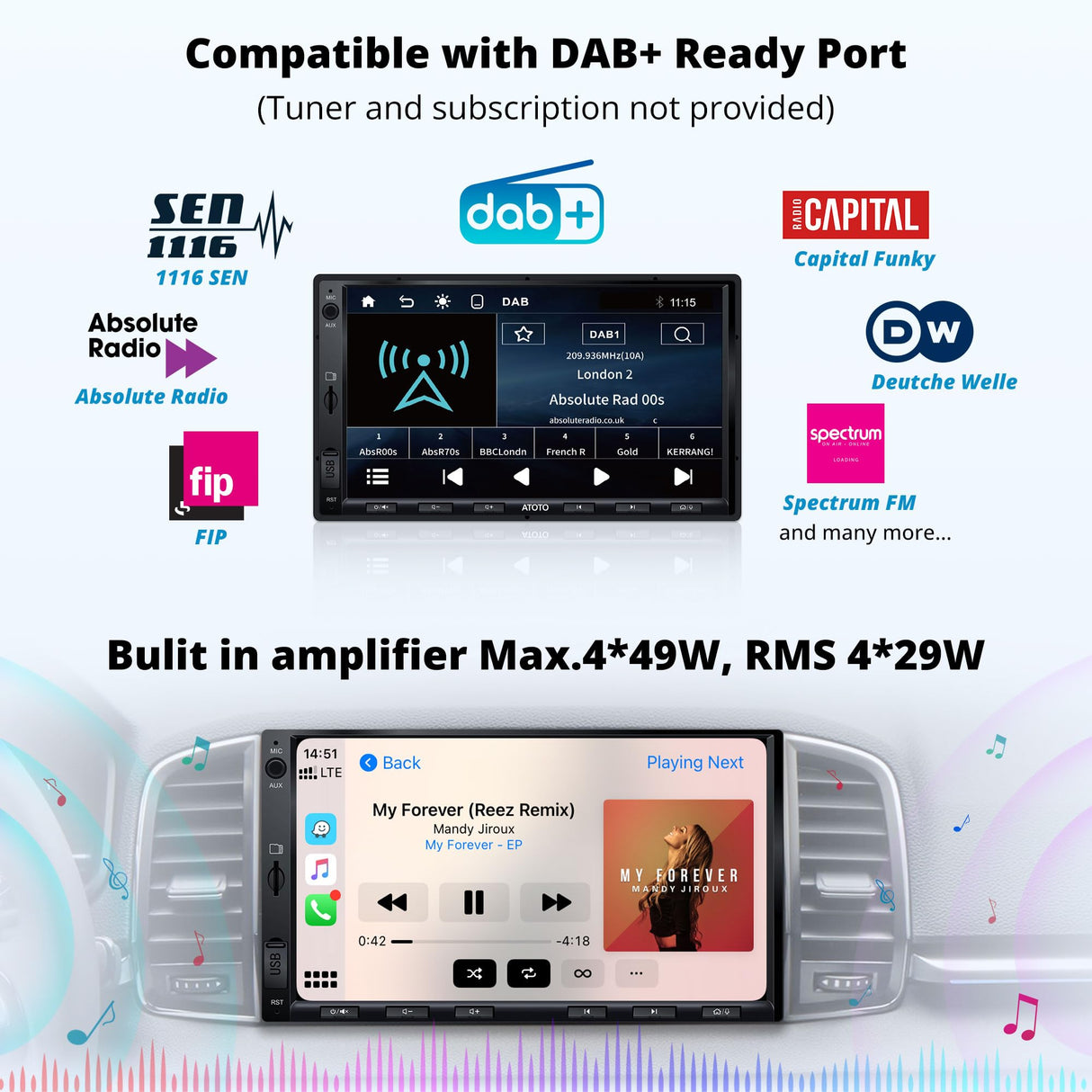 ATOTOEXCEL Radio Coche 2 DIN, 7 Pulgadas Dab+ Autoradio, CarPlay inalámbrico, Android Auto inalámbrico, Radio Bluetooth Coche con QLED Pantalla táctil, Carga Rápida, RDS/FM/Am, MirrorLink, F7G2A7-XED