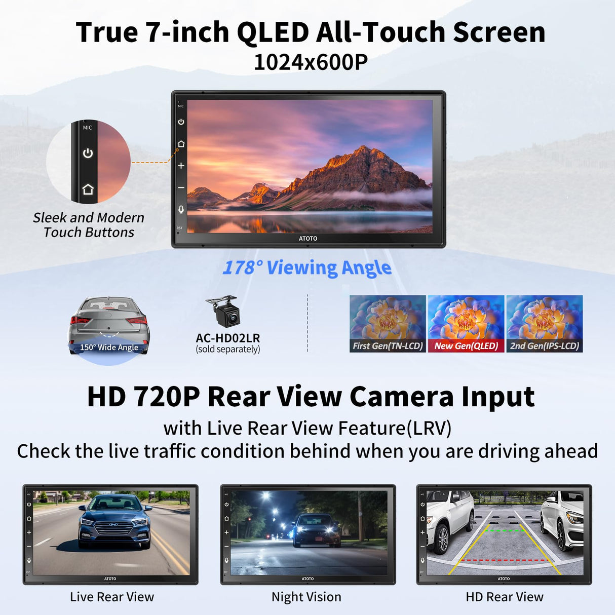 ATOTO A6PF 2G+32G Android Autoradio 2 Din 7" Écran Tactile QLED avec Dab+, CarPlay sans Fil, Android Auto sans Fil, MirrorLink, Suivi GPS, Partage réseau Wi-FI/USB/BT, Dual Bluetooth, A6G2B7PF
